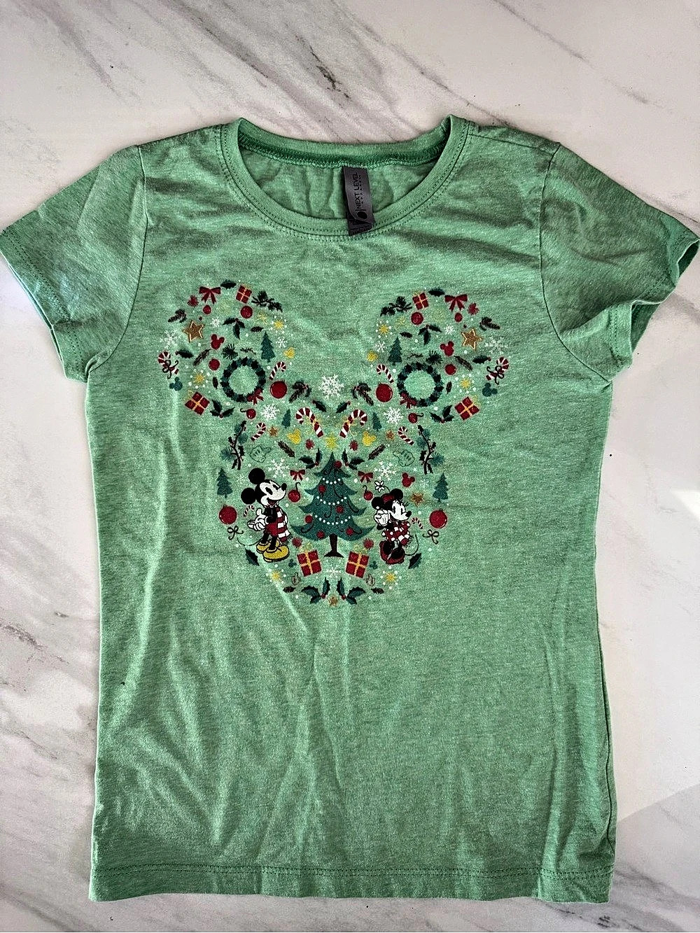 Next Level Apparel Winter Holiday Graphic Tee Green Girls 10/12 Mickey Minnie